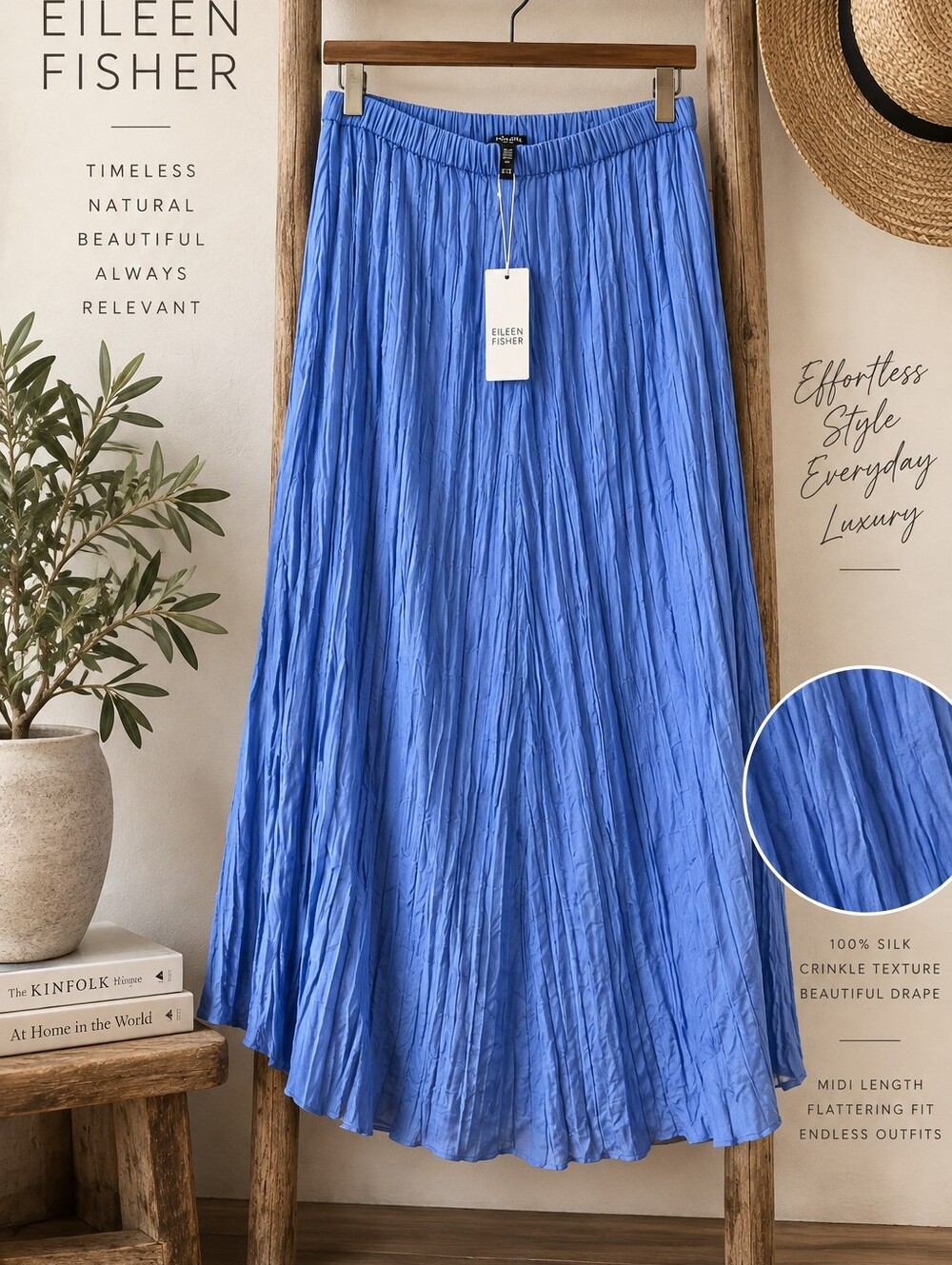 Eileen Fisher NWT PL 100% Silk Crinkle Midi Skirt Periwinkle Blue $298